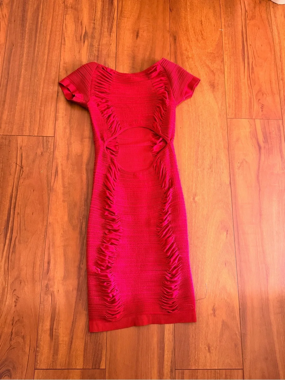 Ruched Hot Red Short-Sleeve Knit Midi Dress